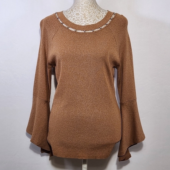 INC International Concepts Pullover Blouse Beaded-Neck Bell Sleeve Ginger SZ L - Picture 1 of 15